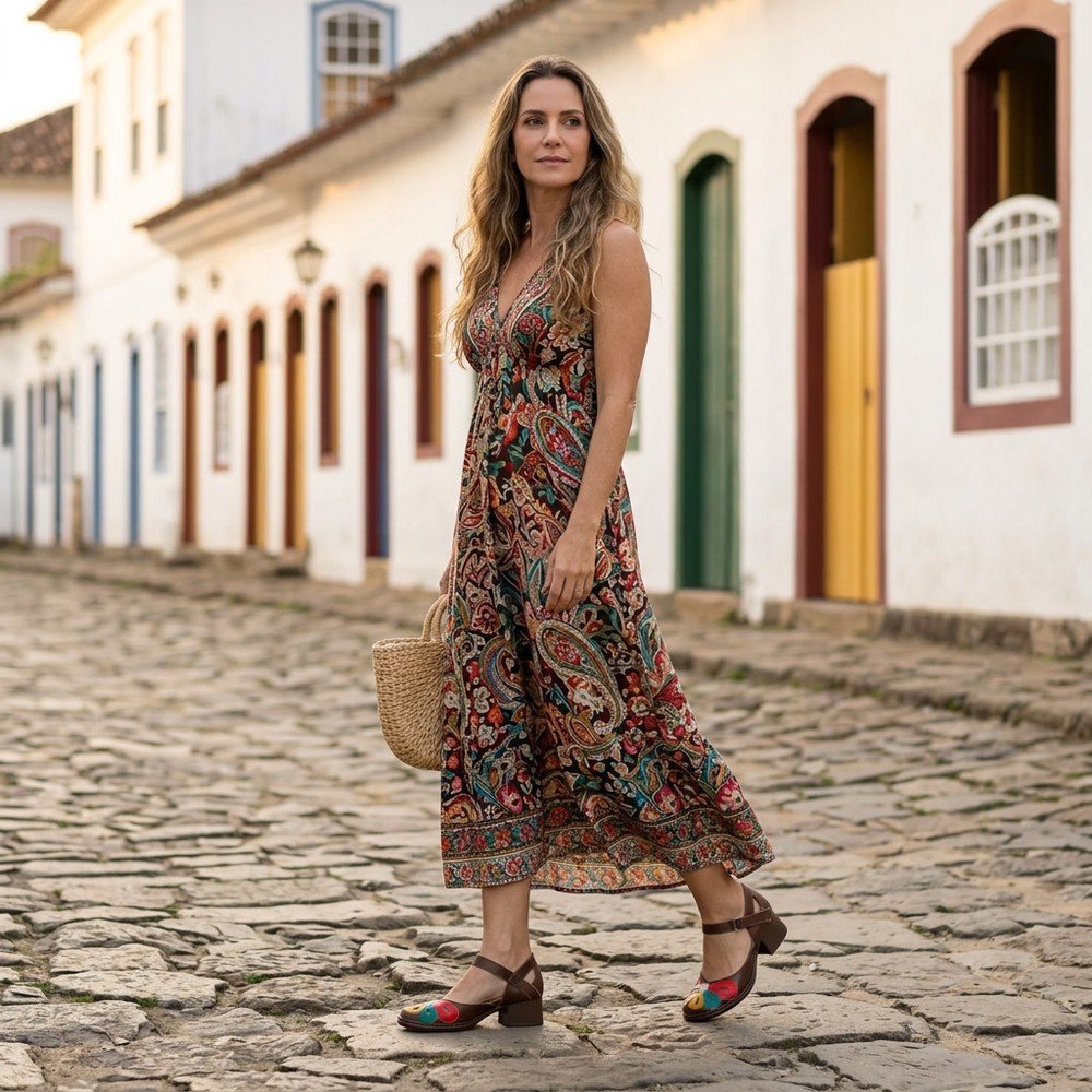 Foto ilustrativa: sapato Feminino J.Gean Boneca Couro Café FE0053 em uso, corpo inteiro