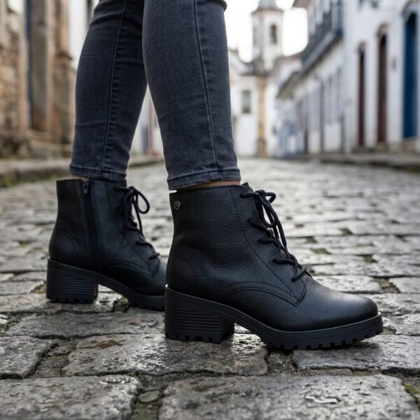 Bota Coturno Feminina Bottero em Couro Burnish Preto 349101