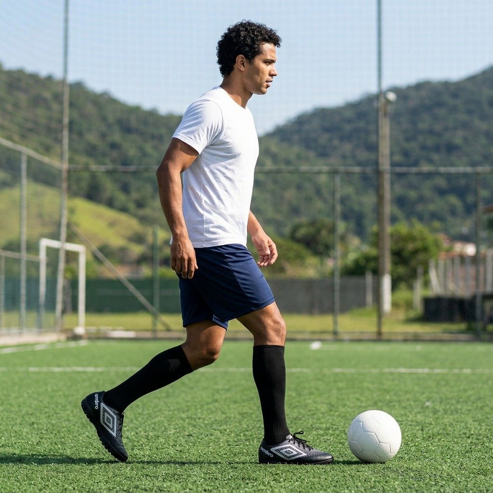 Foto ilustrativa: Chuteira Society Umbro X-Diamond Preto e Cinza U01FB00302 em uso