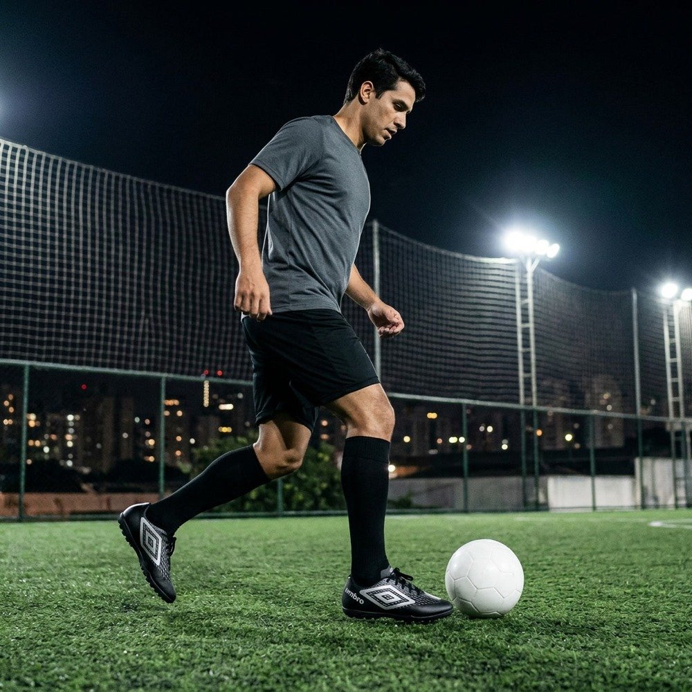 Foto ilustrativa: Chuteira Society Umbro X-Diamond Preto e Cinza U01FB00302 em uso