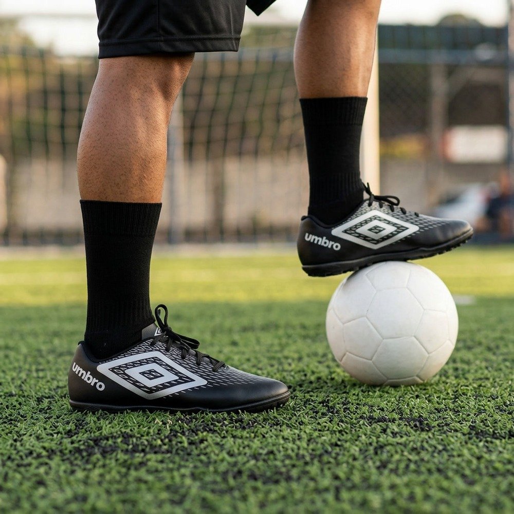 Foto ilustrativa: Chuteira Society Umbro X-Diamond Preto e Cinza U01FB00302 em uso