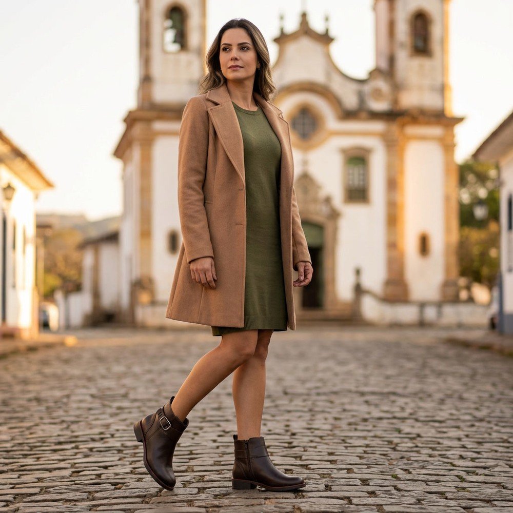 Foto ilustrativa: bota Feminina Bottero em Couro Cano Baixo com Fivela Café 361730 em uso, corpo inteiro