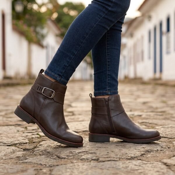 Bota Feminina Bottero em Couro Cano Baixo com Fivela Café 361730