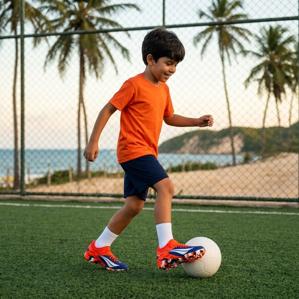 Foto ilustrativa: chuteira Society Infantil Penalty RX Locker Kids Y-3 Marinho/Laranja/Branco em uso, corpo inteiro