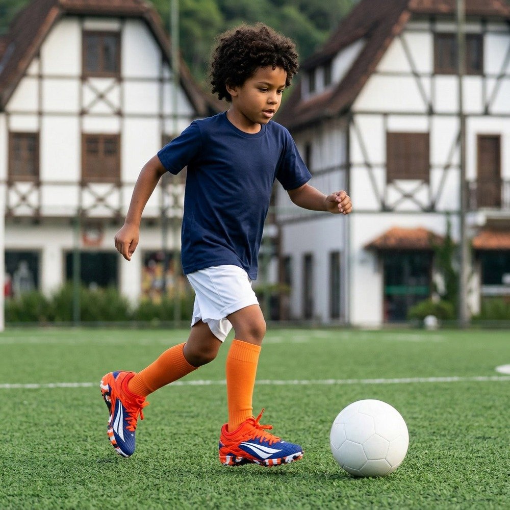 Foto ilustrativa: chuteira Society Infantil Penalty RX Locker Kids Y-3 Marinho/Laranja/Branco em uso, corpo inteiro