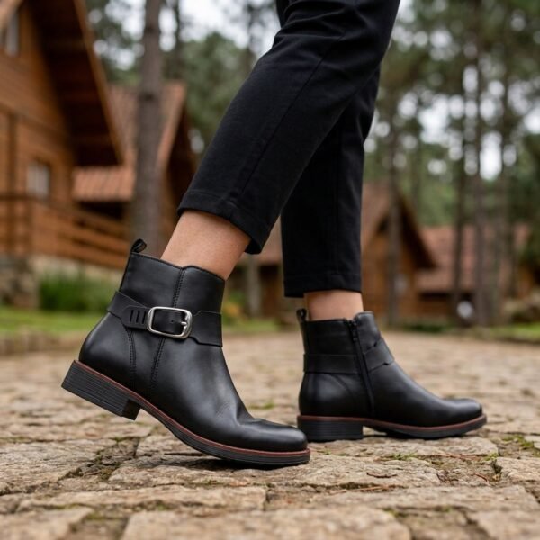 Bota Feminina Bottero em Couro Cano Baixo com Fivela Preto 361730