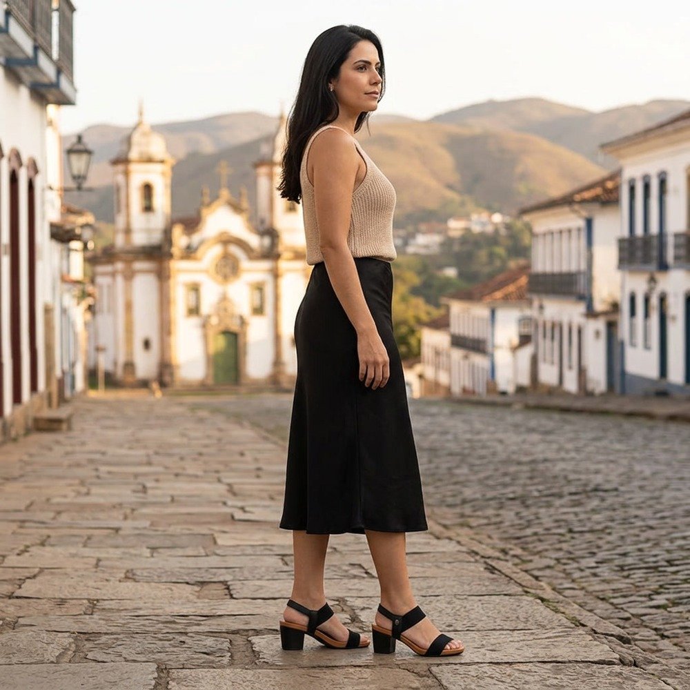 Foto ilustrativa: sandália Usaflex Salto Bloco Preto Y8204 em uso, corpo inteiro