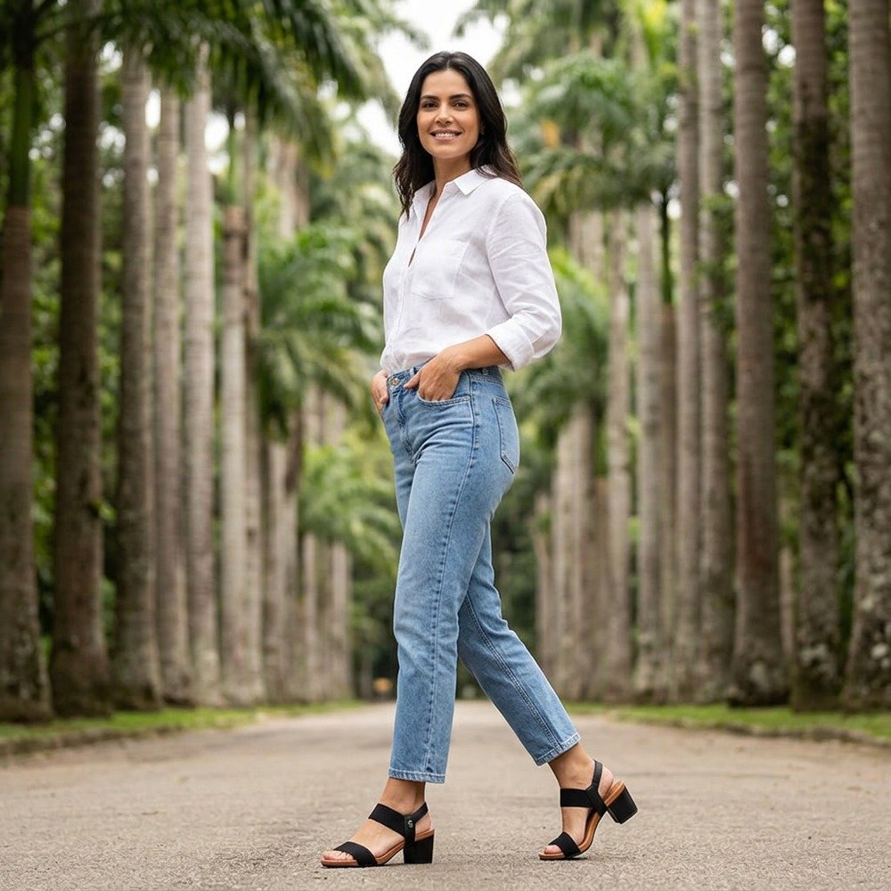 Foto ilustrativa: sandália Usaflex Salto Bloco Preto Y8204 em uso, corpo inteiro