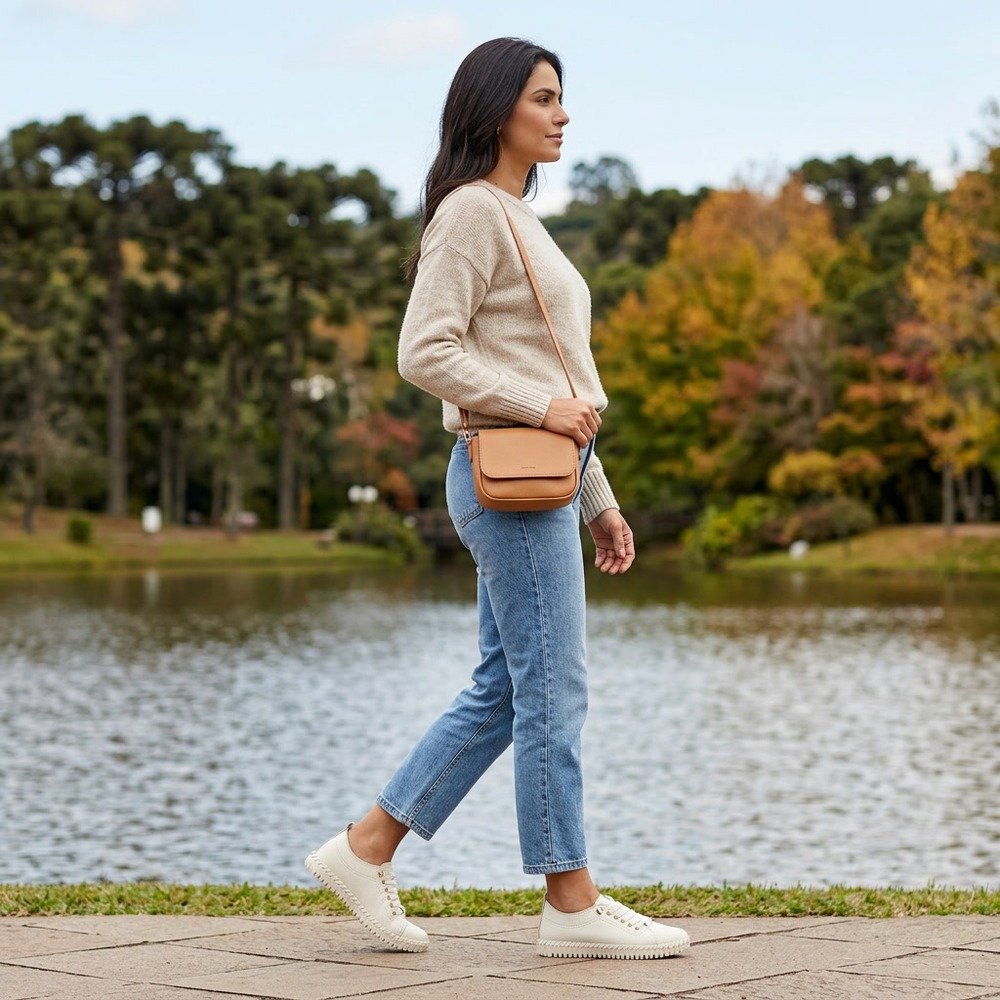 Foto ilustrativa: tênis Feminino Bottero Casual em Couro Burnish Off-White 382702 em uso, corpo inteiro