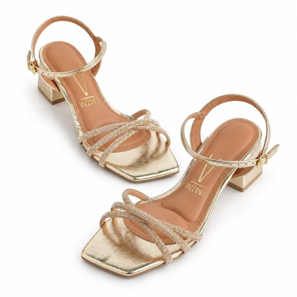 Sandália Feminina Vizzano Salto Bloco com Strass Dourada 6579.206.30755.104943