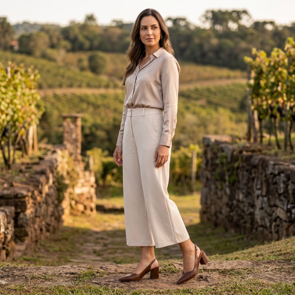 Foto ilustrativa: sapato Chanel Slingback Feminino Couroflex em Couro Salto Bloco Whisky 6203A-8219 em uso, corpo inteiro