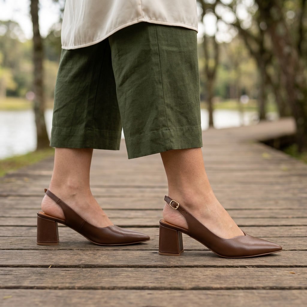 Foto ilustrativa: sapato Chanel Slingback Feminino Couroflex em Couro Salto Bloco Whisky 6203A-8219 em uso