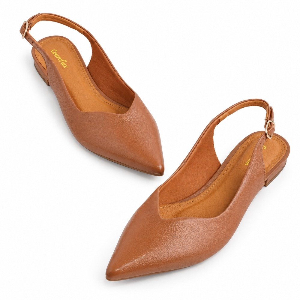 Sapato Chanel Slingback Feminino Couroflex em Couro Caramelo 6314-A1247