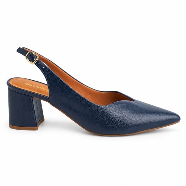 Sapato Chanel Slingback Feminino Couroflex em Couro Salto Bloco Marinho 62034.8219