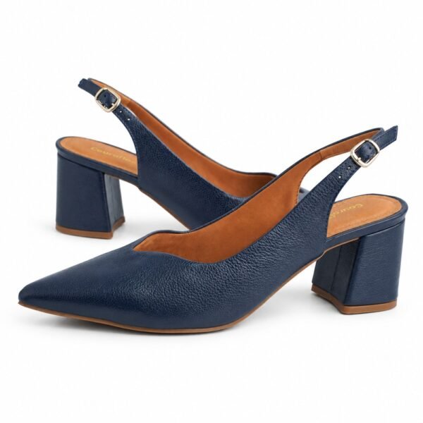 Sapato Chanel Slingback Feminino Couroflex em Couro Salto Bloco Marinho 62034.8219