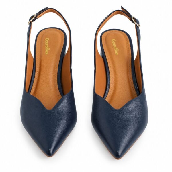Sapato Chanel Slingback Feminino Couroflex em Couro Salto Bloco Marinho 62034.8219