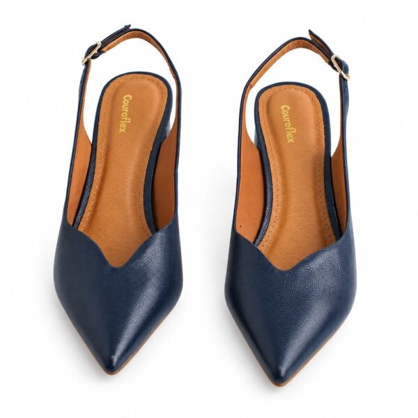 Sapato Chanel Slingback Feminino Couroflex em Couro Salto Bloco Marinho 62034.8219