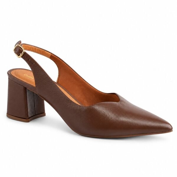 Sapato Chanel Slingback Feminino Couroflex em Couro Salto Bloco Whisky 6203A-8219