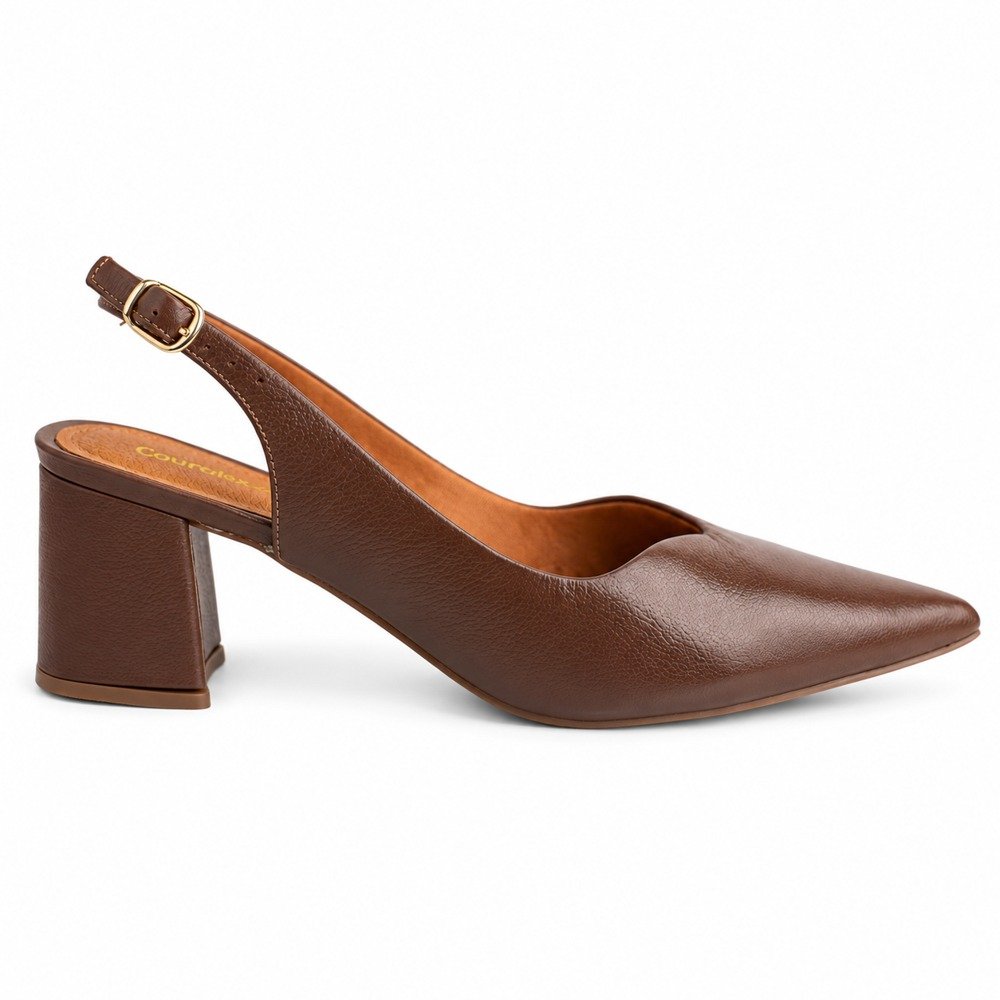 Sapato Chanel Slingback Feminino Couroflex em Couro Salto Bloco Whisky 6203A-8219