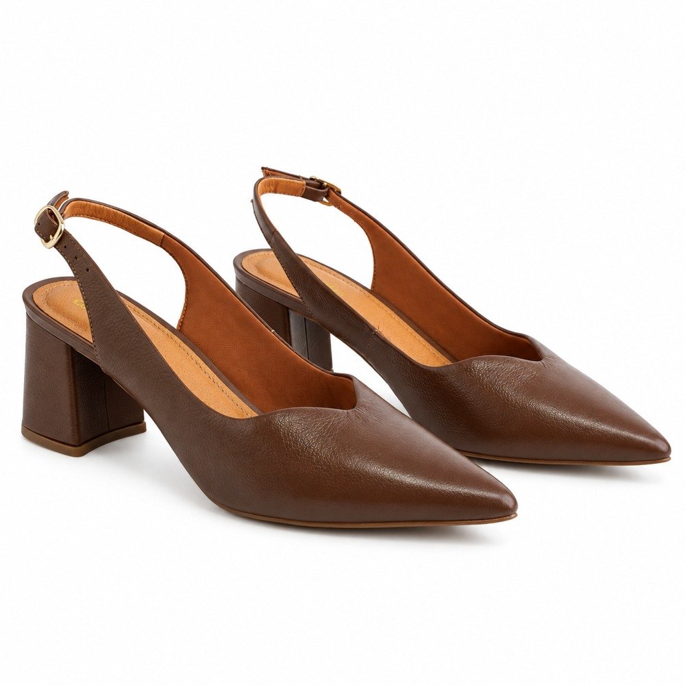 Sapato Chanel Slingback Feminino Couroflex em Couro Salto Bloco Whisky 6203A-8219