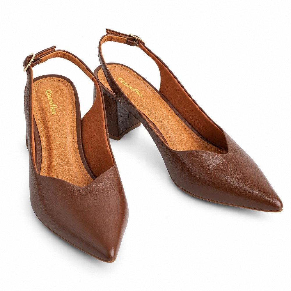 Sapato Chanel Slingback Feminino Couroflex em Couro Salto Bloco Whisky 6203A-8219