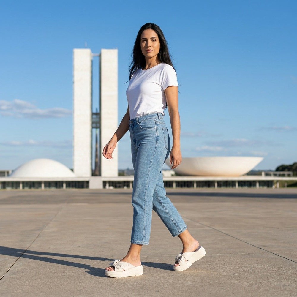 Foto ilustrativa: mulher de corpo inteiro usando o chinelo Dijean off white com laço na Esplanada, com o Congresso Nacional ao fundo
