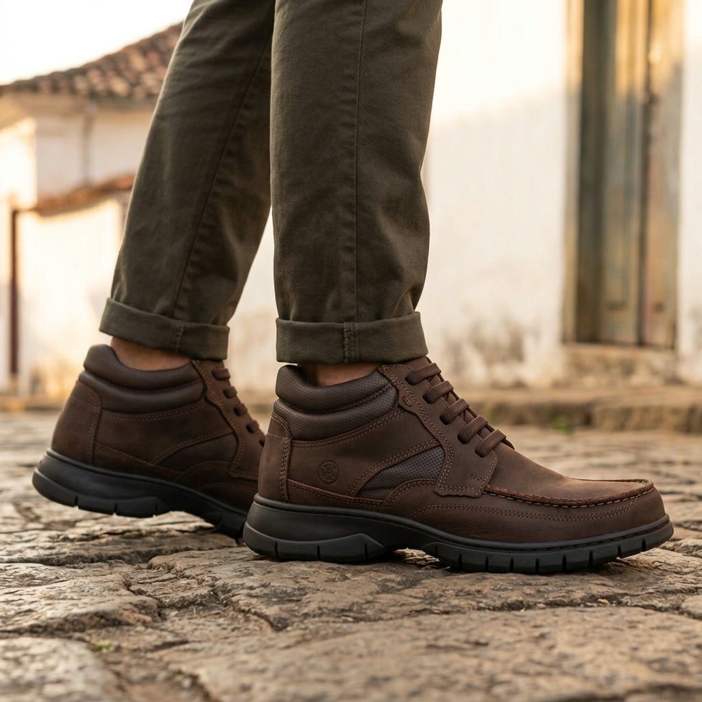 Foto ilustrativa: BOTA CONFORTO 360° PLUS - 7976 RUSTICO T.MORO / FURADO BROWN / PESP. CAFÉ no pé