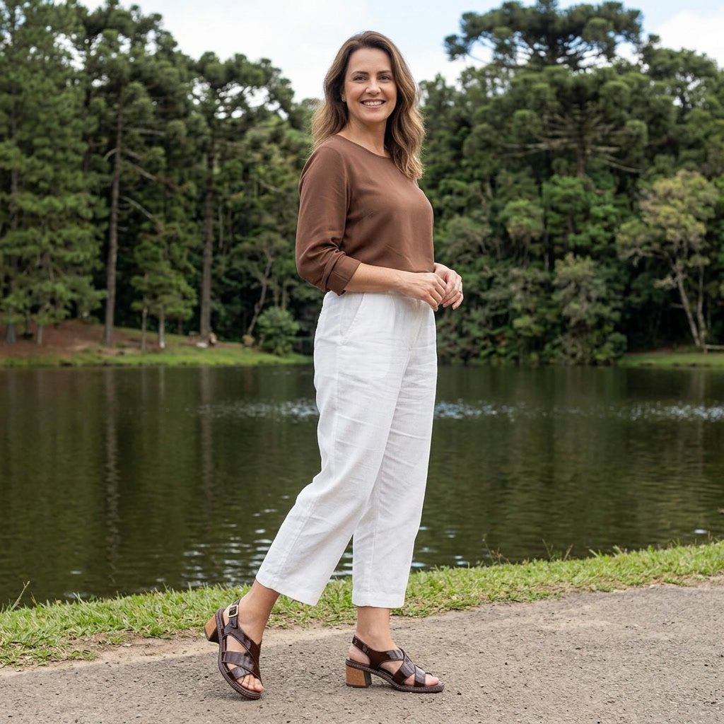 Foto ilustrativa: sandália Feminina Piccadilly Paola Salto Médio Cacau 566090 em uso, corpo inteiro