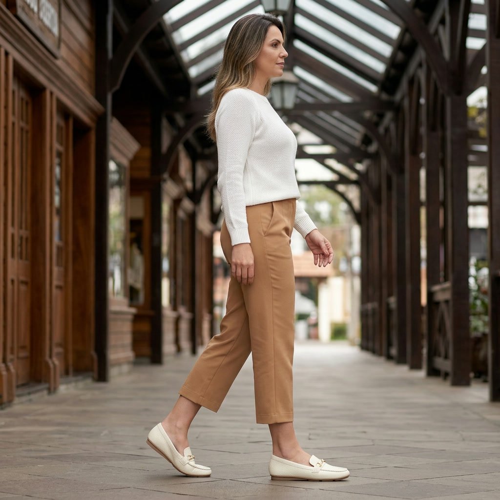 Foto ilustrativa: mocassim Feminino Piccadilly Off-white 122042 em uso, corpo inteiro