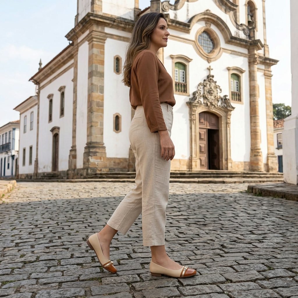 Foto ilustrativa: sapatilha Feminina Piccadilly Bege e Ocre 250290 em uso, corpo inteiro