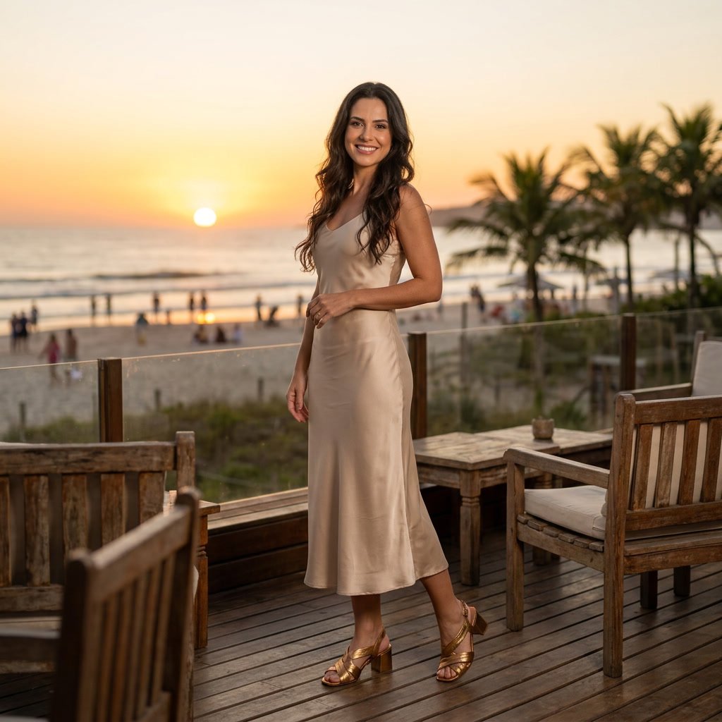 Foto ilustrativa: sandália Feminina Couroflex em Couro Salto Bloco Bronze 5740.1166 em uso, corpo inteiro