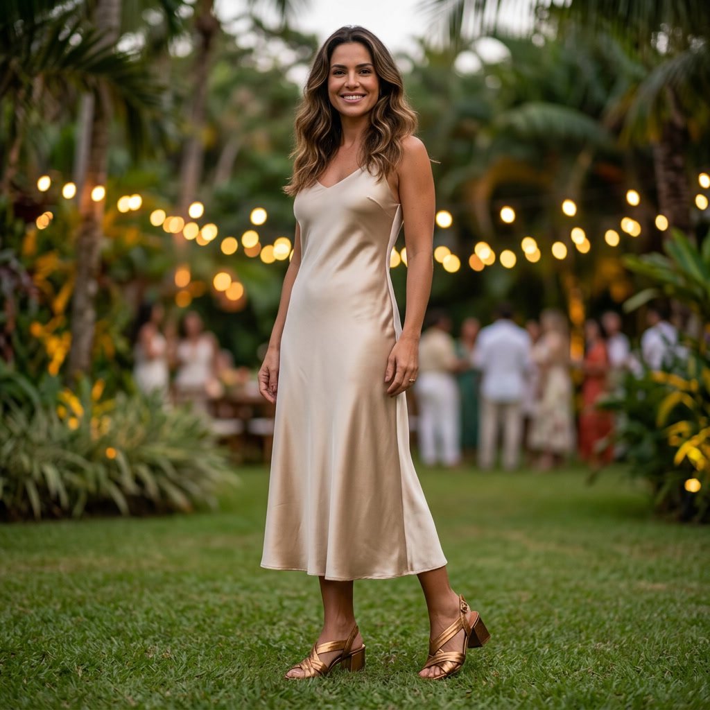 Foto ilustrativa: sandália Feminina Couroflex em Couro Salto Bloco Bronze 5740.1166 em uso, corpo inteiro