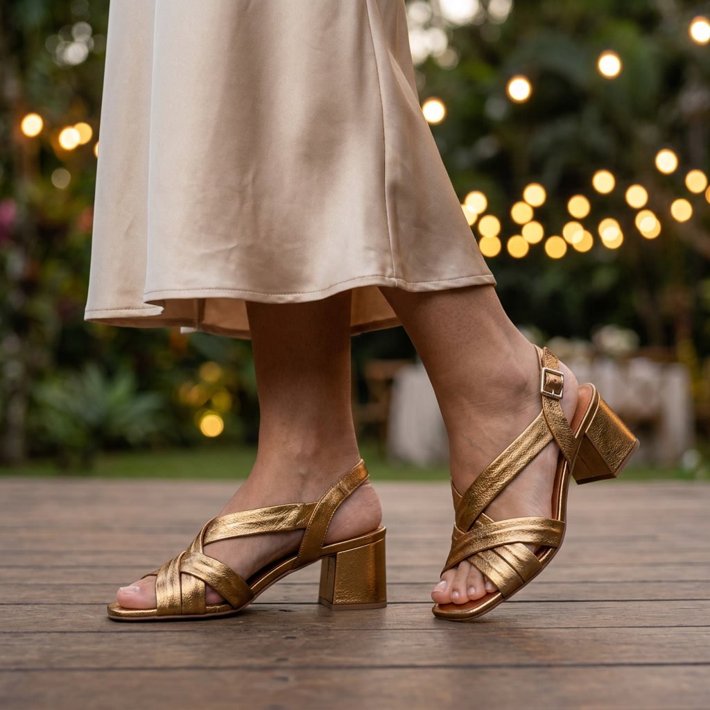 Foto ilustrativa: sandália Feminina Couroflex em Couro Salto Bloco Bronze 5740.1166 em uso