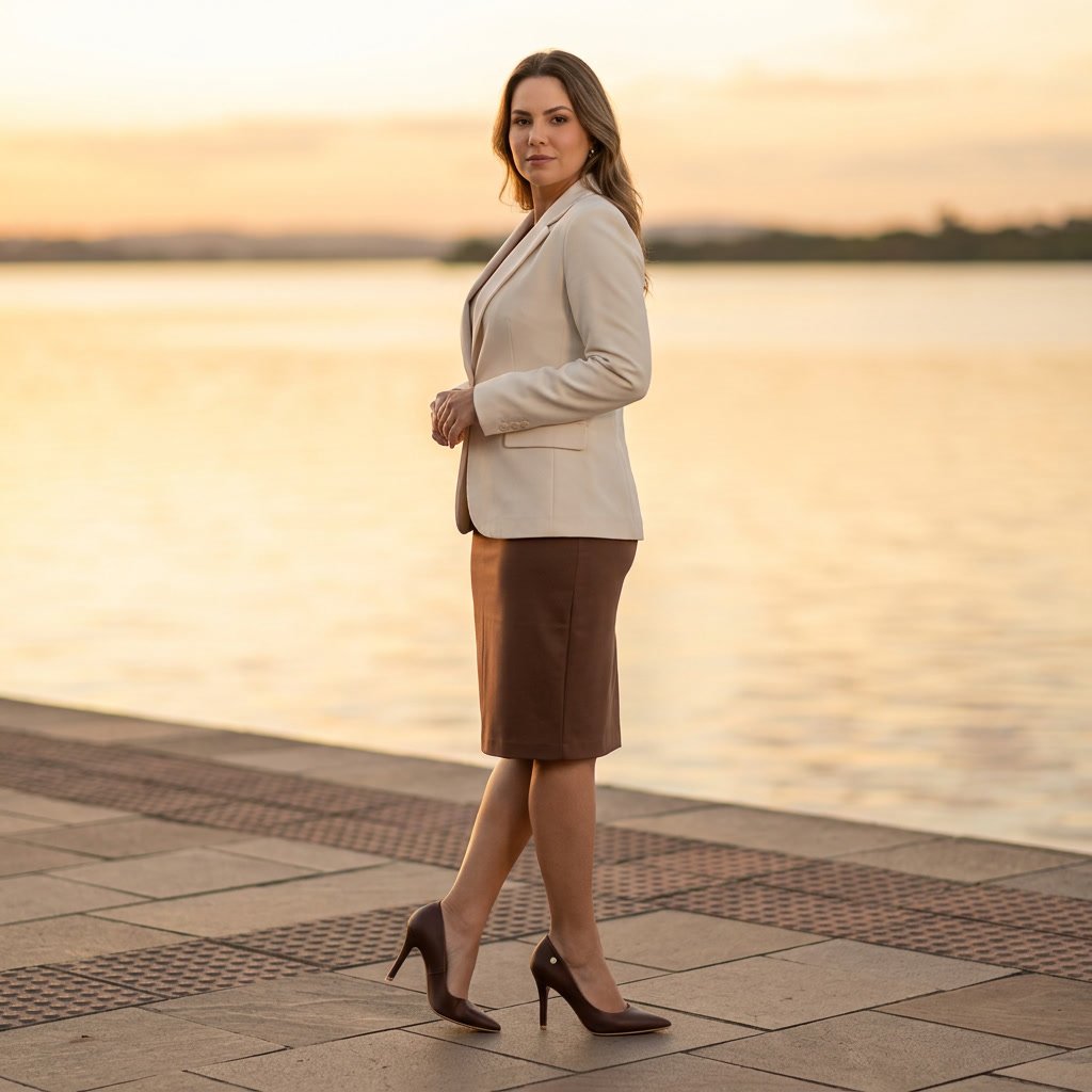 Foto ilustrativa: sapato Scarpin Feminino Vizzano Chocolate 1184.1101.7286.101321 em uso, corpo inteiro