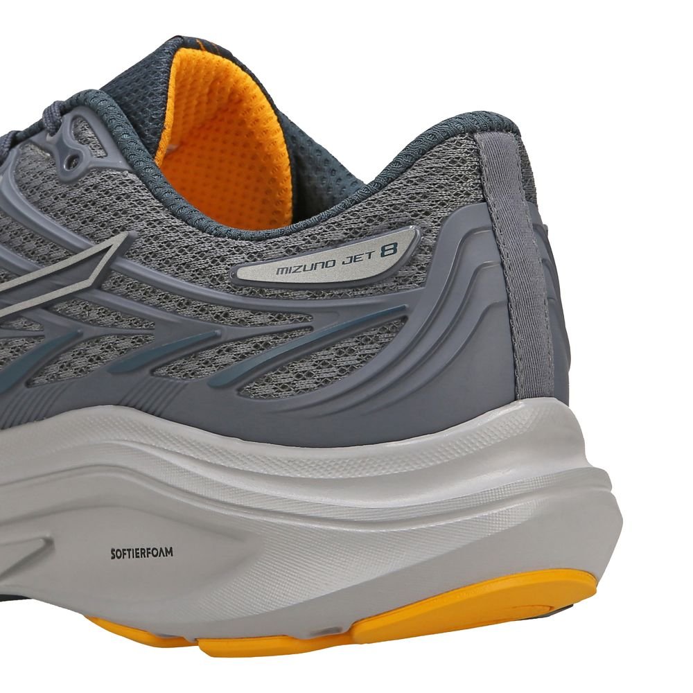 Tênis Mizuno Jet 8 Cinza e Amarelo, detalhe do calcanhar com Softier Foam