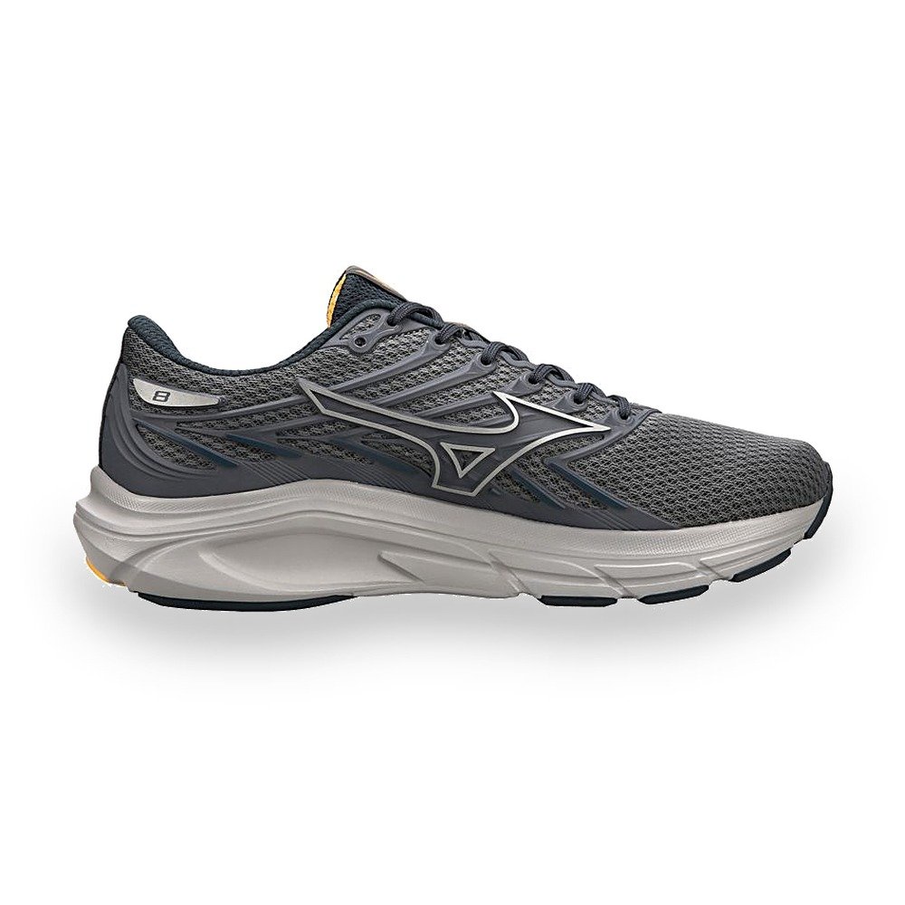 Tênis Mizuno Jet 8 Cinza e Amarelo, vista medial