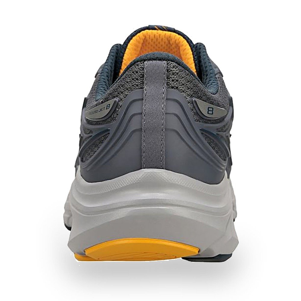 Tênis Mizuno Jet 8 Cinza e Amarelo, vista traseira com o solado amarelo